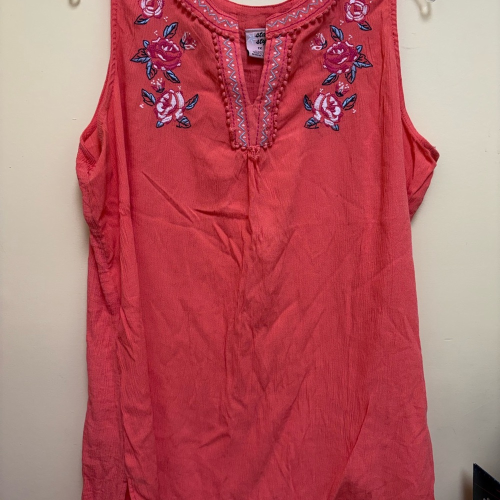 Vibrant Coral Embroidered Sleeveless Blouse